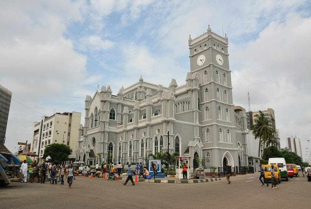 A white building with a clock tower